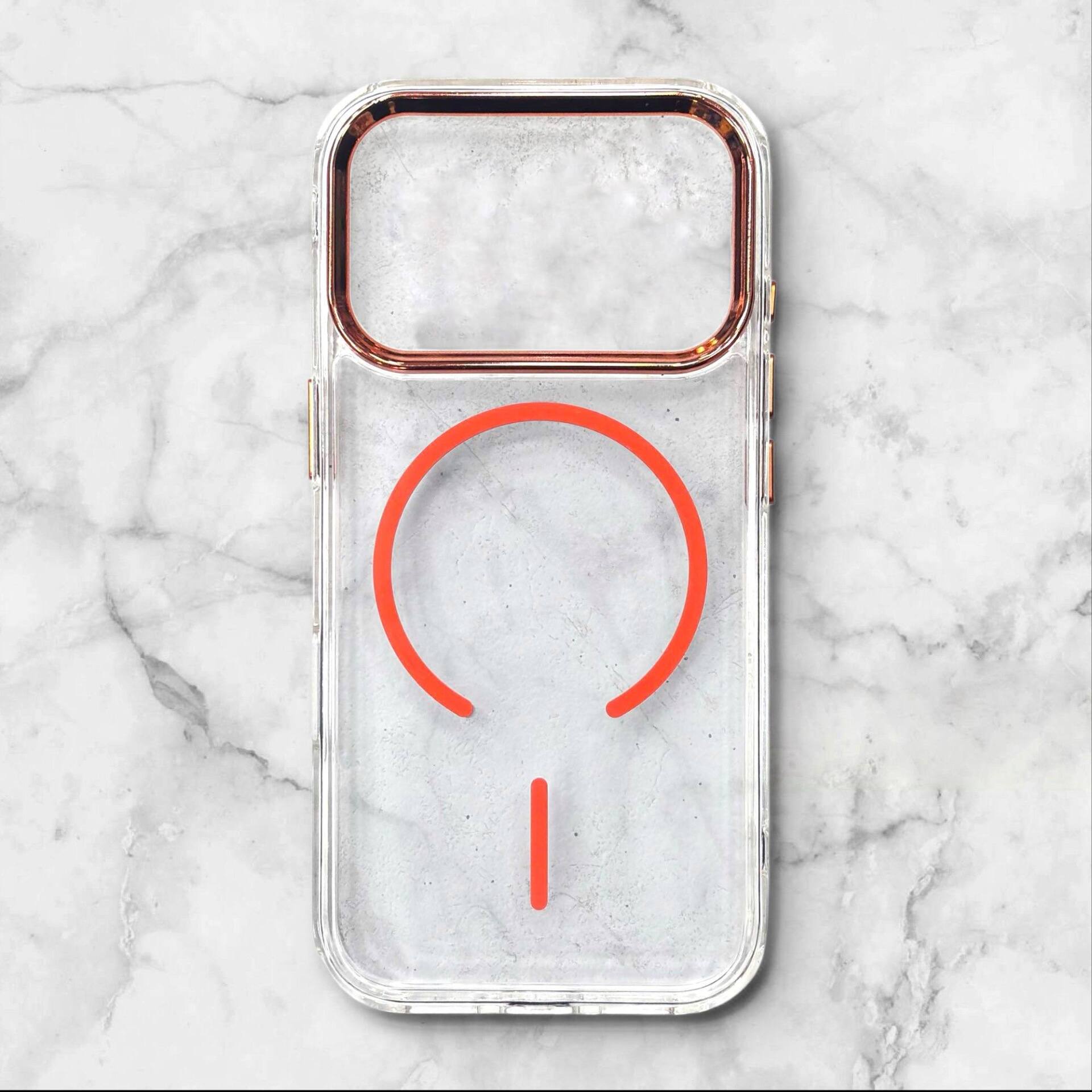  قاب ایفونiPhone17promax شفاف با لبه فلزی براق رنگ نارنجی – یونیک کیس 