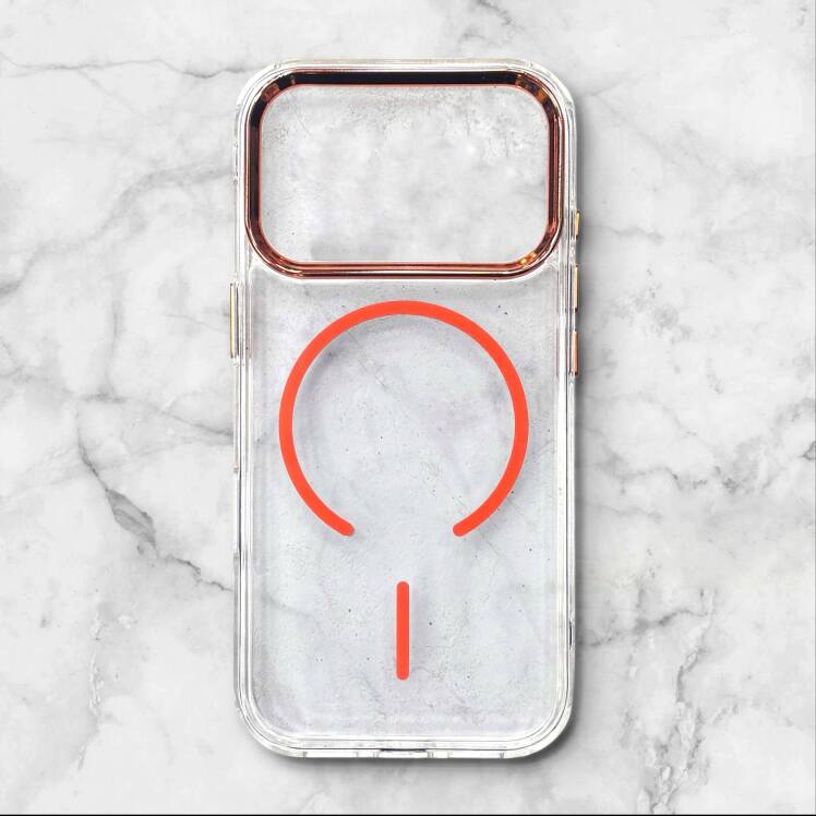 قاب ایفونiPhone17promax شفاف با لبه فلزی براق رنگ نارنجی – یونیک کیس 