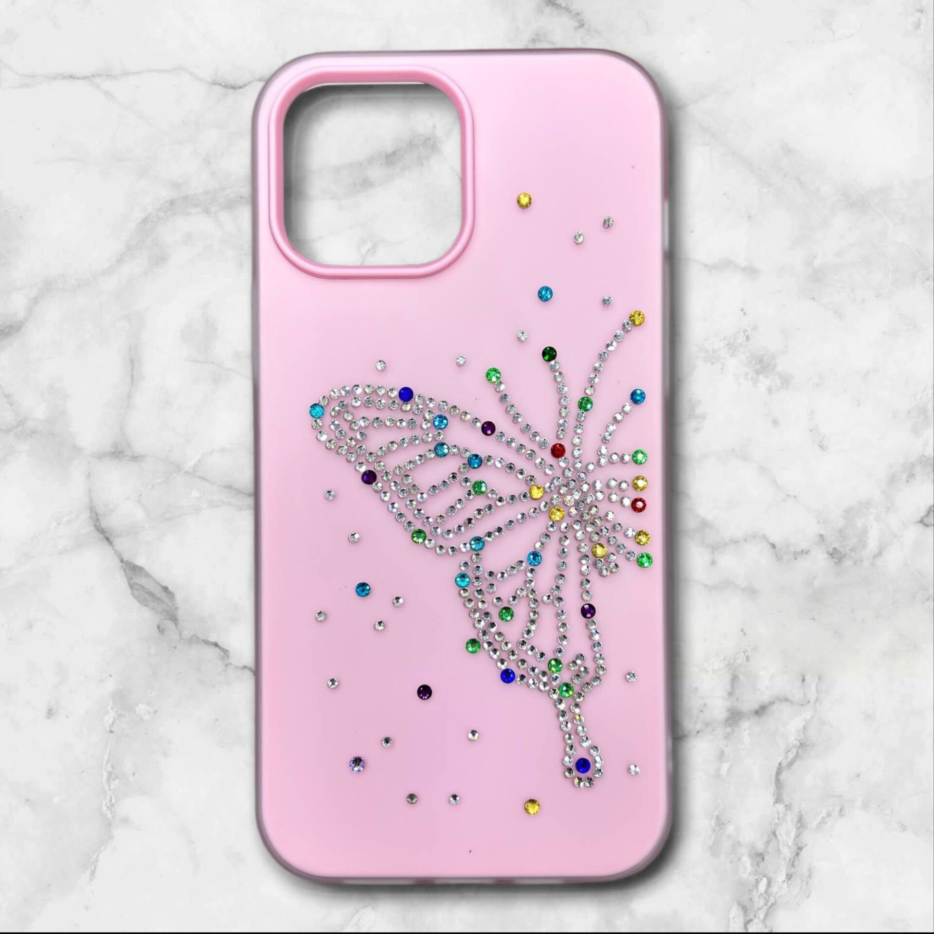  قاب ایفونiPhone11promax پروانه‌ای نگین‌دار سیلیکونی دولایه رنگ صورتی – یونیک کیس 