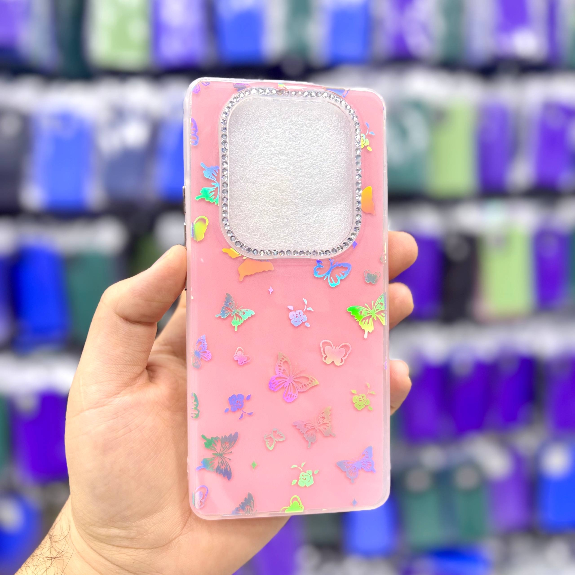  قاب شیائومیredminote14pro4g پروانه‌ای نگین‌دار هولوگرامی رنگ صورتی – یونیک کیس 