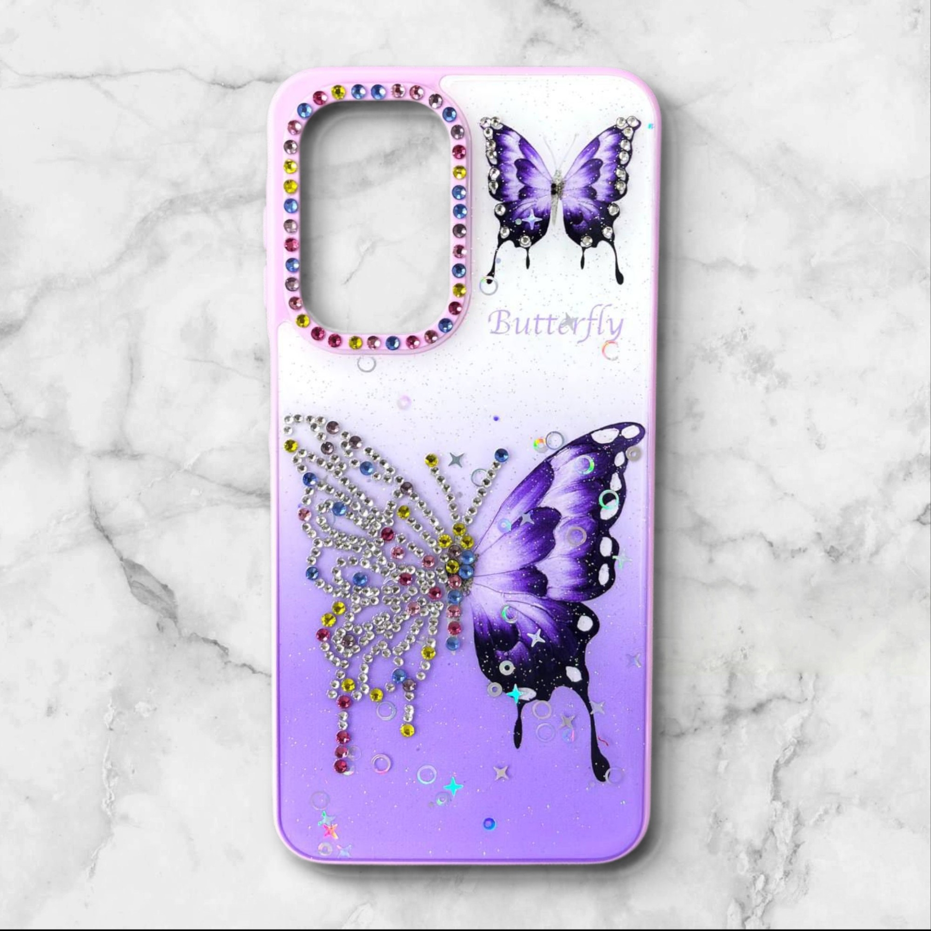  قاب طرح دار سامسونگsamsunga56 قاب پروانه نگین‌دار BUTTERFLY رنگ بنفش – یونیک کیس 