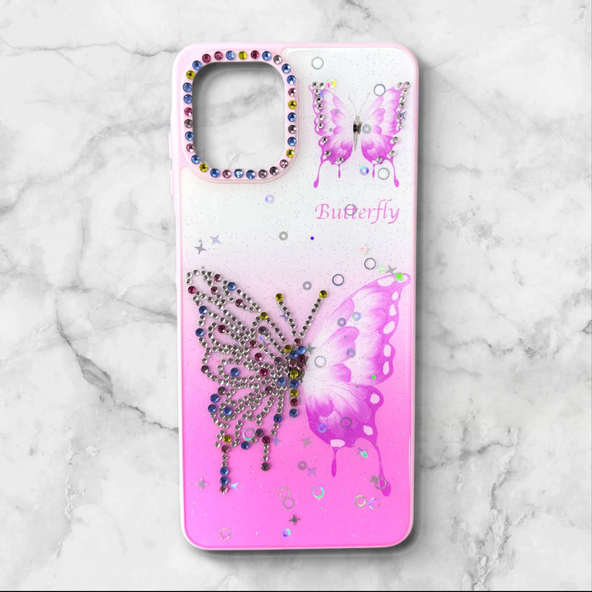  قاب طرح دار سامسونگsamsunga06 قاب پروانه نگین‌دار BUTTERFLY رنگ صورتی – یونیک کیس 