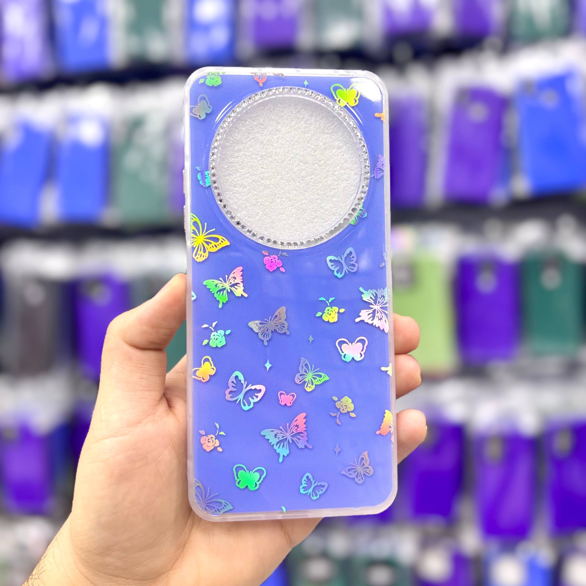  قاب شیائومیredmipococ75 پروانه‌ای نگین‌دار هولوگرامی رنگ ابی – یونیک کیس 